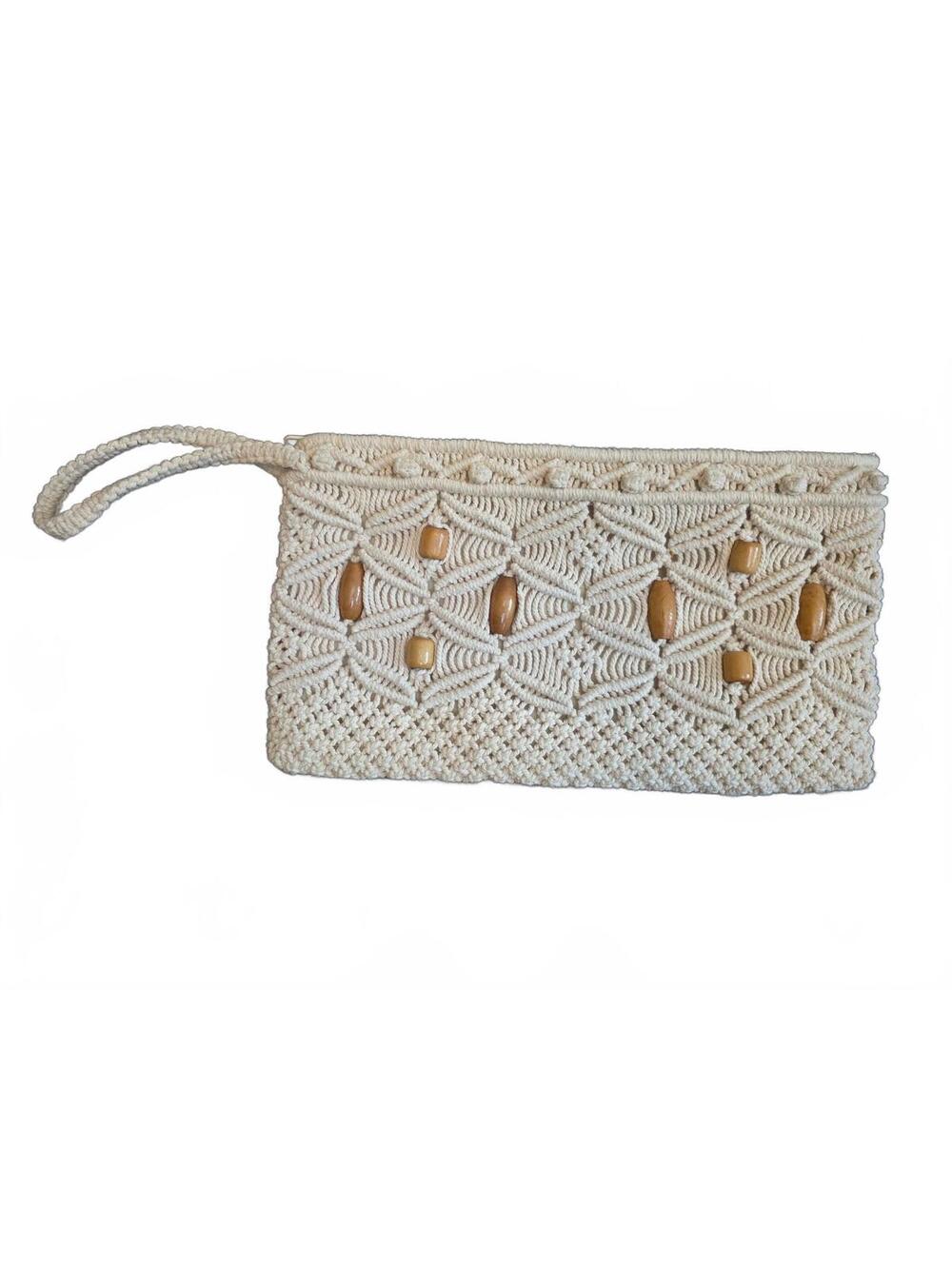 Vintage 1970s Macrame Wristlet Clutch Purse Cream Woven Beaded Boho Bag 12x6